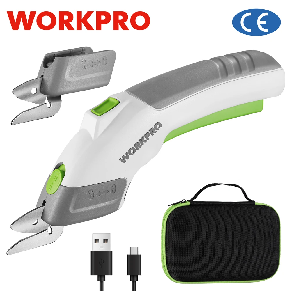 WORKPRO 3.6V Cordless Electric Scissors with 2 Blades Household Fabric Sewing Scissors Electric Cutter DIY Leather Cutting Tool