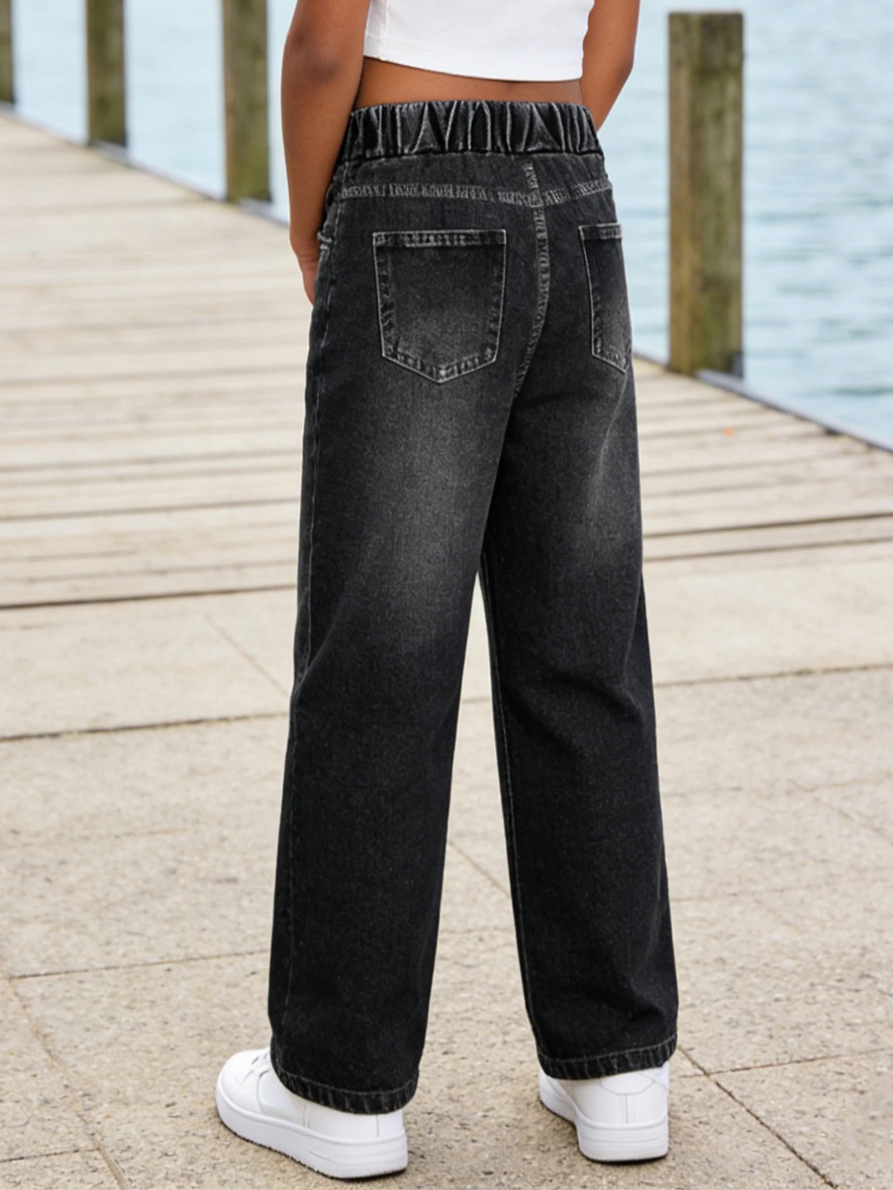 2026 children's black imitation denim elastic waist wide-leg pants, graffiti style