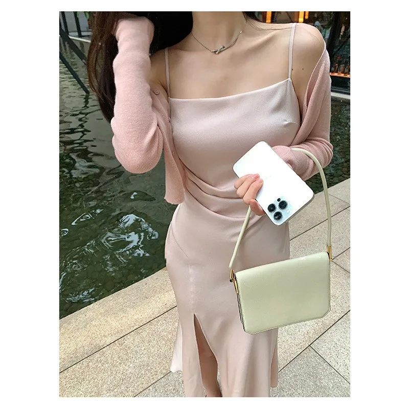 Ele rosa cetim split cinta dr feminino verão bal emagrecimento vestido de cintura alta poliéster náilon cosite fibra saia