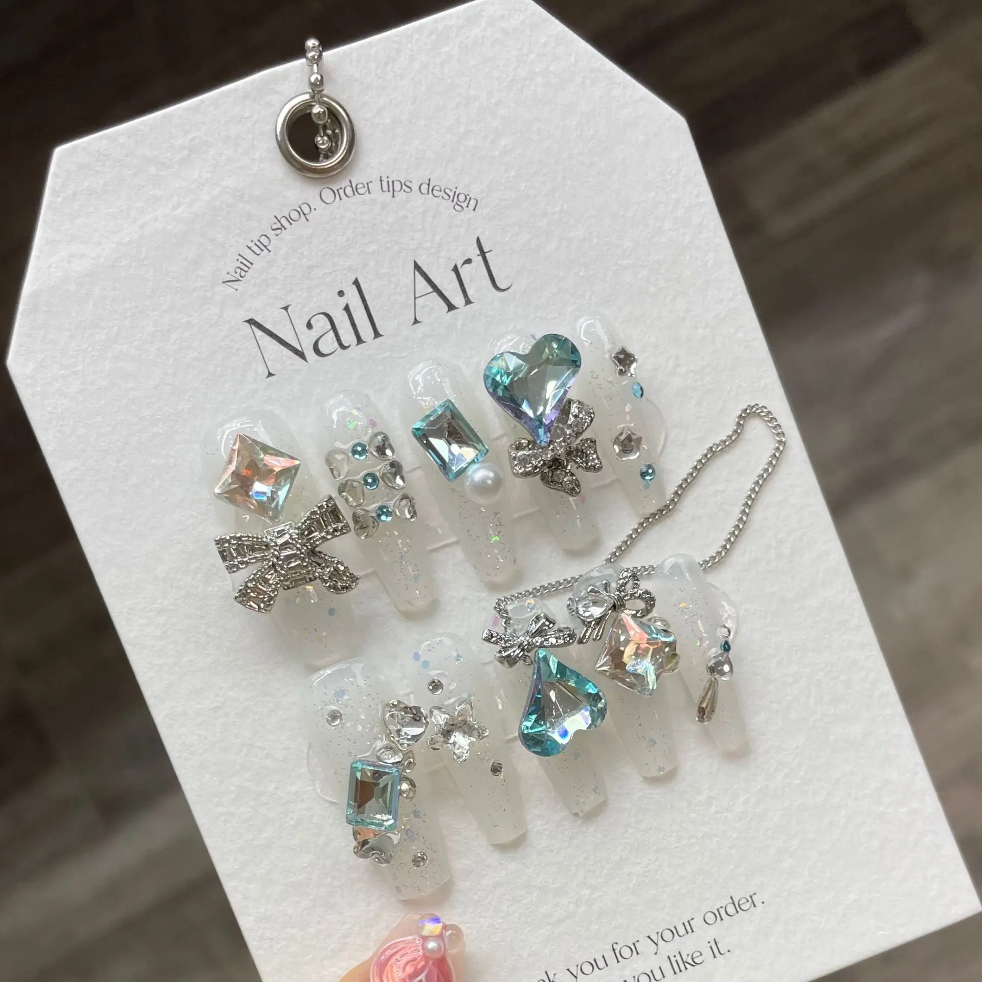 Size S 10pcs Cat Eye Fake Nails Acrylic Glitter Bowknot False Nails Coffin Press on Nails Sweet Heart Diamond Nail Art for Girls view 4