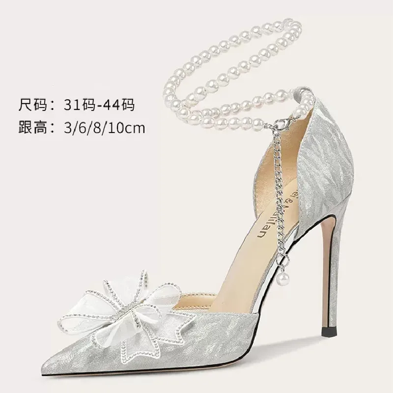 

Spring/Summer New Pointed Sequins Pearl Bow Sandals with Thin High Heels Banquet Dress Large and Small Women's Single Shoes