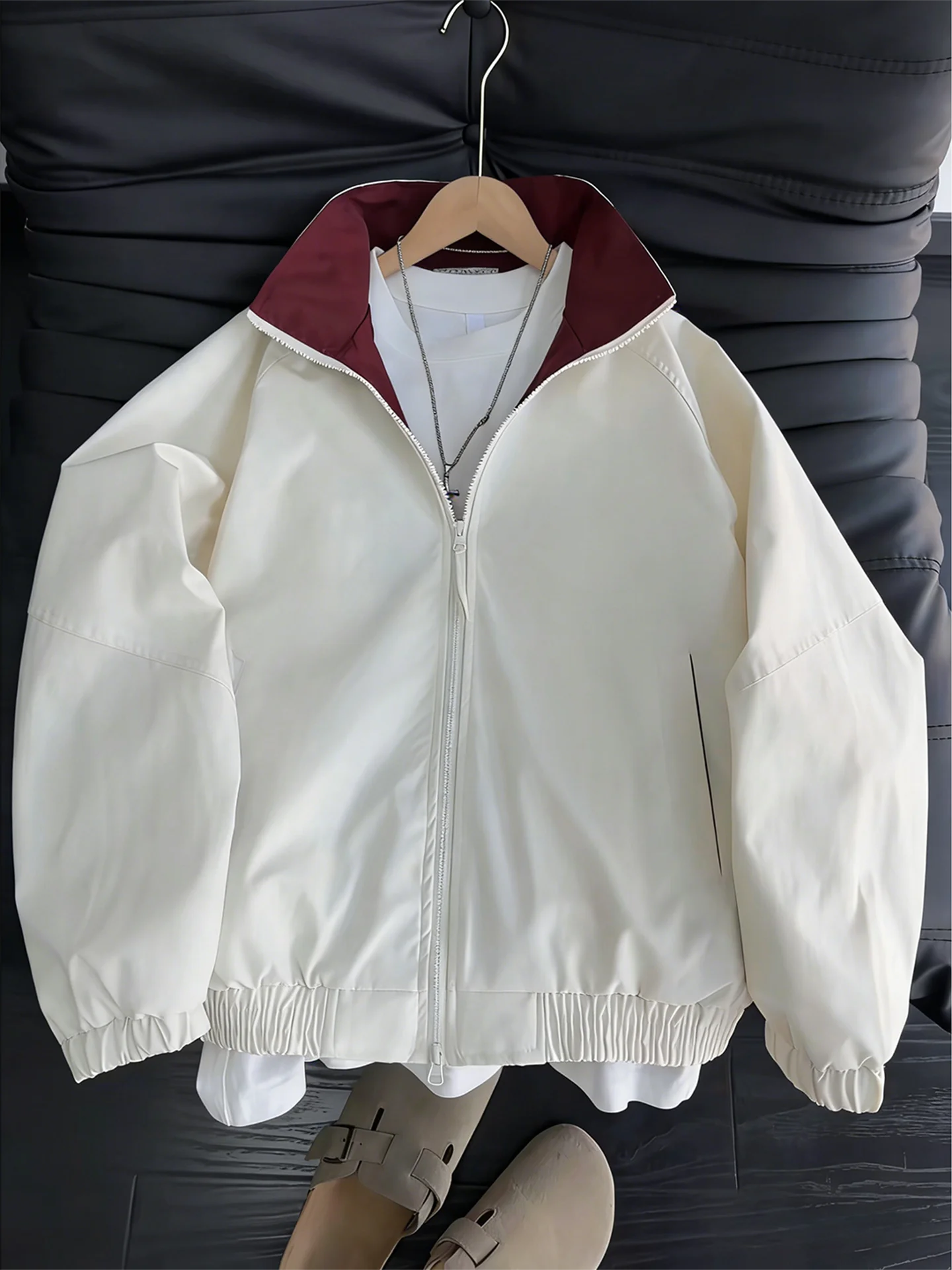 Cleanfit Color Block Three-Proof Stand Collar Men's Jacket Spring Autumn Baseball Style Zipper Closure Loose Fit Polyester