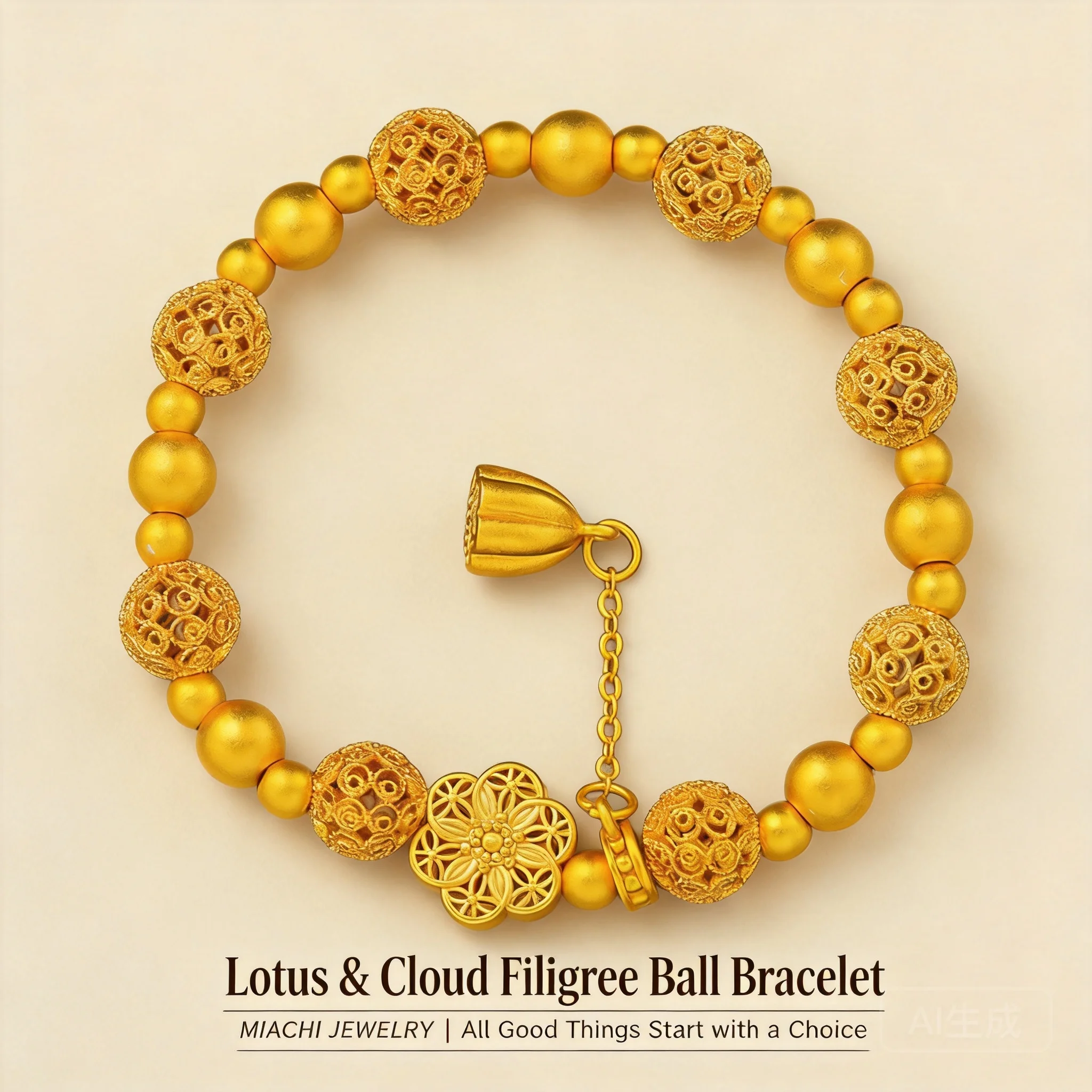 

Chinese Style Lucky Blessing Lotus Filigree Hollow Ball Bracelet Gold Plated Auspicious Cloud Seedpod Of Lotus Good Luck Fortune