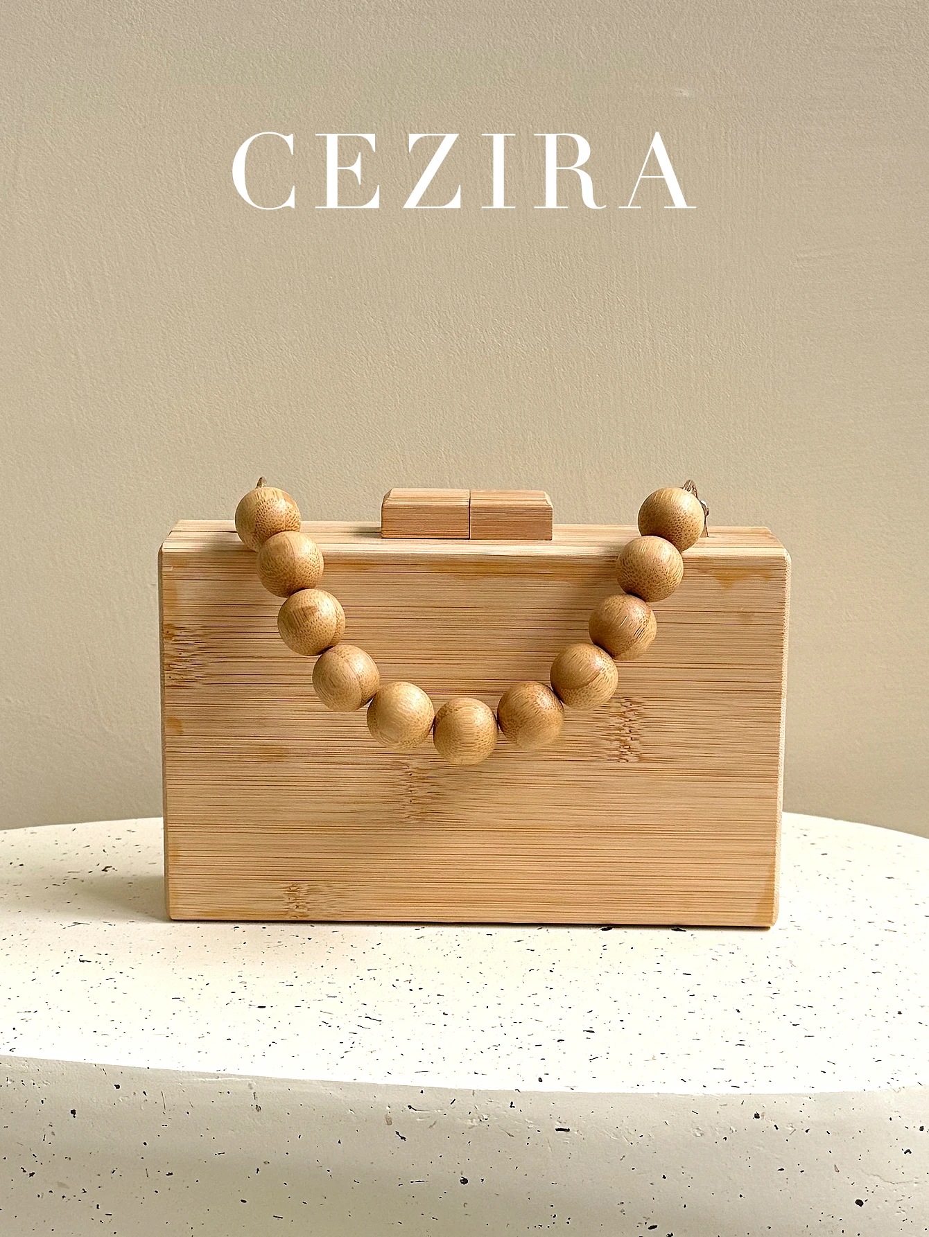 

CR Summer Vacation Women's Fashion Elegant Bamboo Clutch Square Handbag Wood Beaded Handle Long Chain Cross body Evening Purse