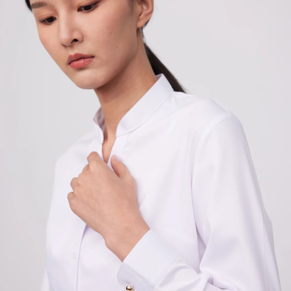 Women\'s Office Lady V-Neck Stand Collar Slim-fit Shirts Without Pocket Long Sleeve Bamboo Fiber Versatile Female Blouses Shirts