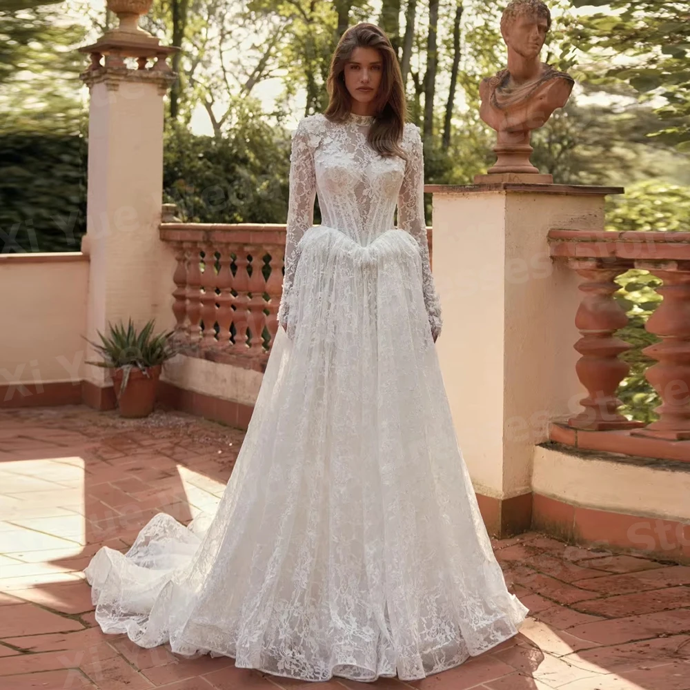 Graceful A Line Women's Pretty High Neck Lace Long Sleeve Wedding Dresses Vestido De Novia Bride Gowns Customized Robe De Mariée