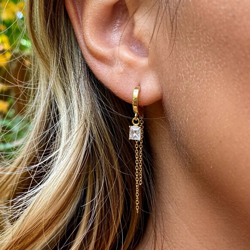 Gold Huggie Hoop Tassel Earrings Rectangle Colorful CZ Crystal Drop Earrings Stainless Steel Hypoallergenic Women Party Fashion