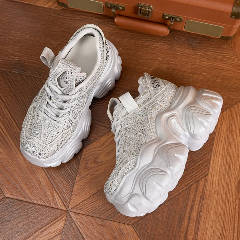 Women's New Spring 11CM Thick-soled Shoes with Stars and Rhinestones All-match Casual Shoes Inner Height-increasing Women's Shoe