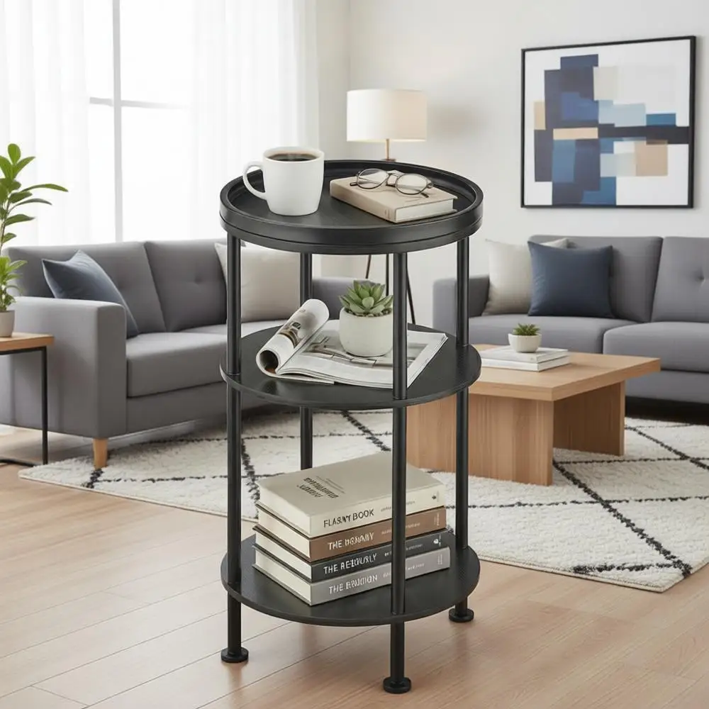

Компактный круглый приставной столик, 3-уровневый черный акцентный столик для гостиной и спальни, металлическая прикроватная тумбочка с полкой для хранения, тонкий, экономит место (11,8 дюйма)