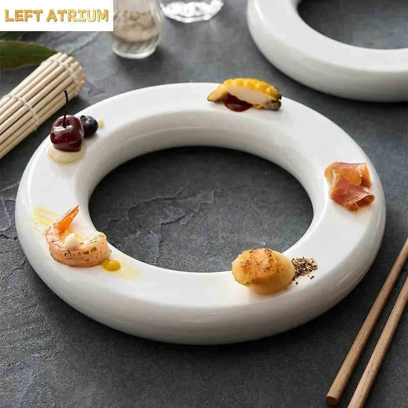 Pure White Ceramic Doughnut Dinner Plate Afternoon Tea Dim Sum Sushi Plate Dessert Snack Plate Restaurant Specialty Tableware
