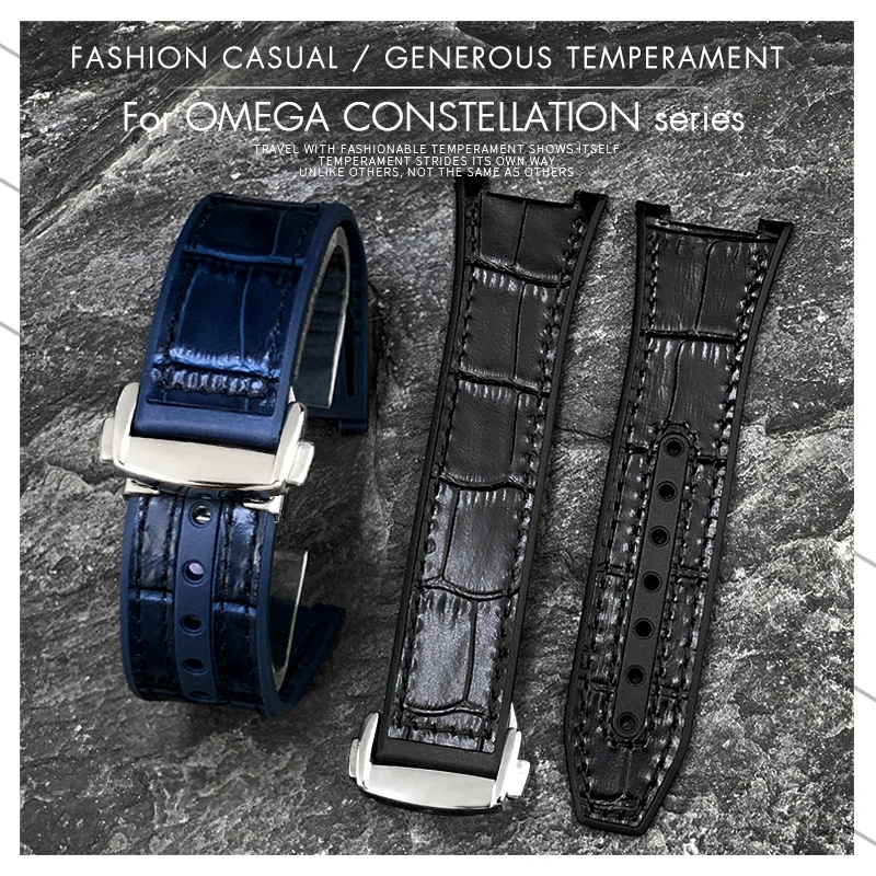 Notch Cowhide Layer Rubber Bottom Watchband 25*14mm Fit for Omega Constellation Observatory Black Watch Strap Fold Over Clasp