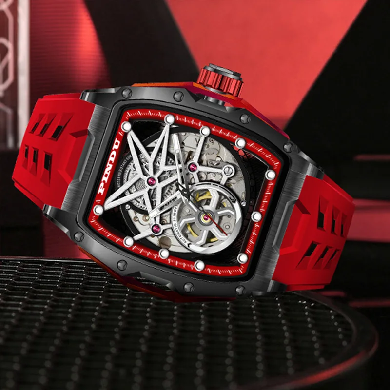 PINDU Design Men's Automatic Skeleton Watch Hollow Mechanical Luminous Waterproof Casual Business Brand Wine Barrel Wristwatch