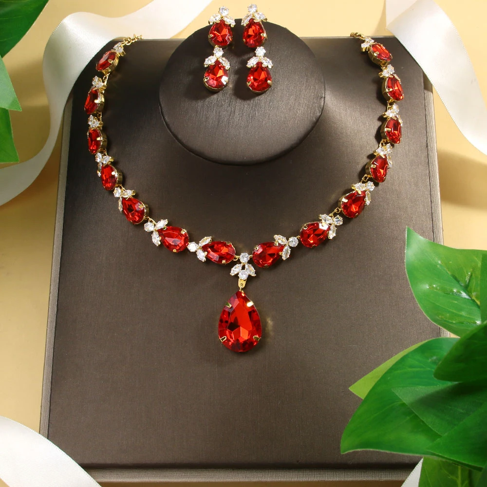 Stonefans New Red Water Drop Necklace Earrings Set Wedding Accessories Luxury Dubai Bridal Leaf Zircon Jewelry Sets for Women