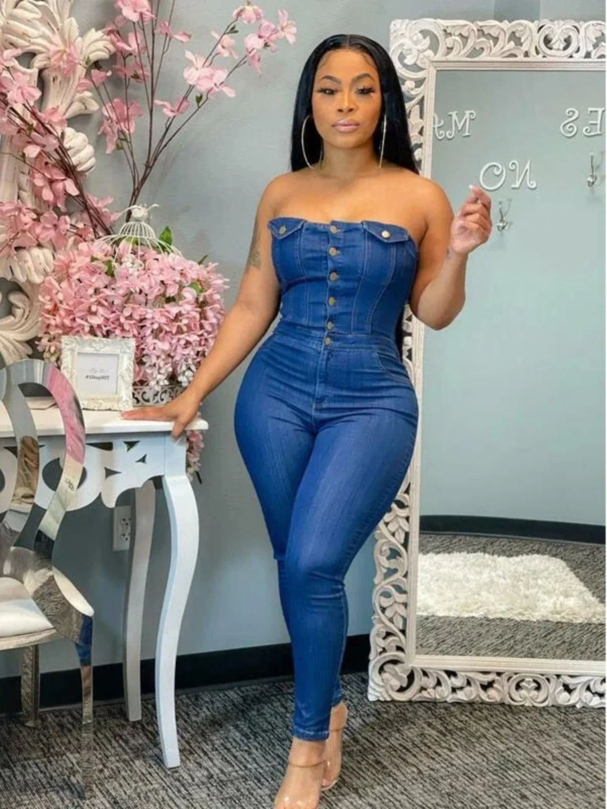 

Women's Strapl Slim Fit Denim Jumpsuit High Waist Casual Pants Chest Design Trousers Fem Faion Spring Autumn Winter