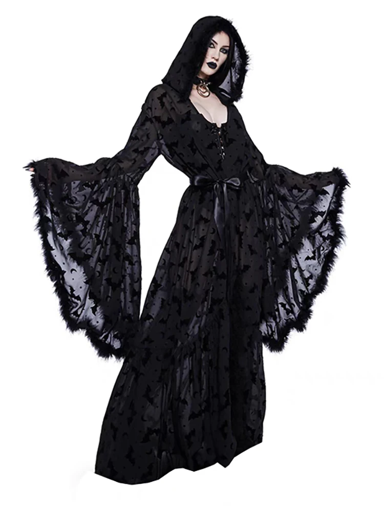 RORORIRI Dark Bat Print Sheer Hooded Long Dress Women Flare Sleeves Stitch Plush Solid Black Maxi Dress Gothic Halloween Clothes