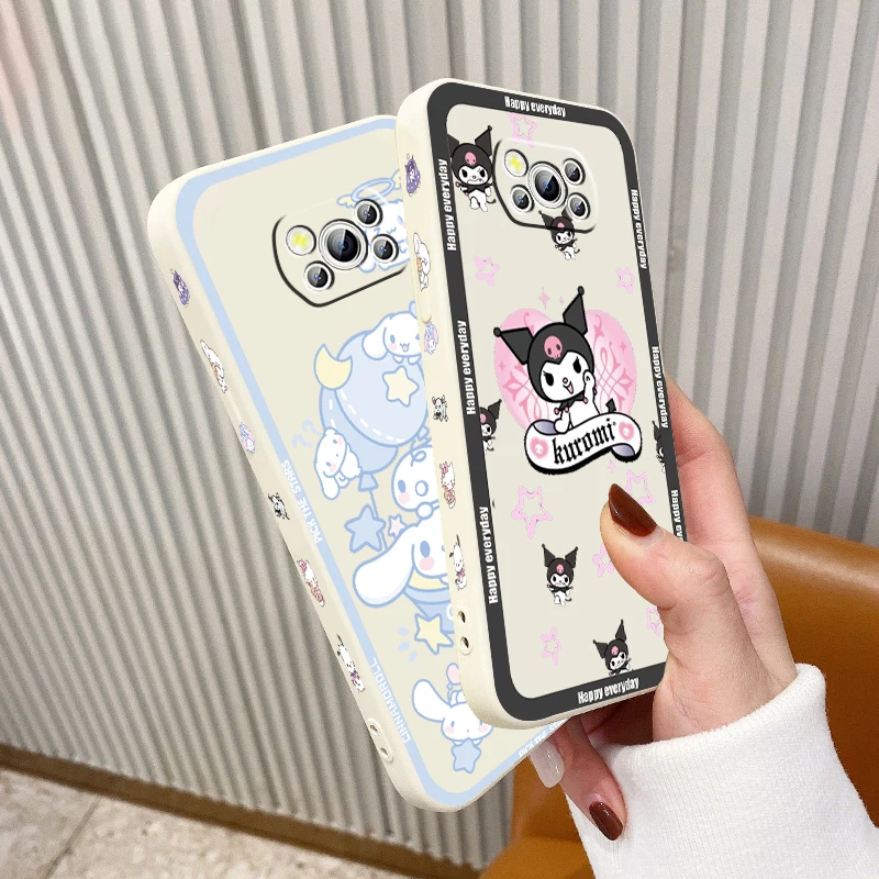Kuromi Cinnamoroll Melody Phone Case For Xiaomi Mi Poco M5s M5 X5 X4 X3 M4 M3 F4 F3 GT C55 C50 Pro NFC 5G Liquid Left Rope