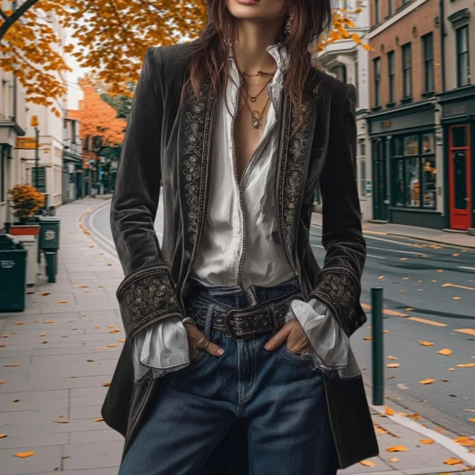 Abrigo Vintage étnico de terciopelo con estampado Floral para mujer, chaquetas ajustadas elegantes para otoño, cárdigan para mujer, prendas de vestir exteriores de manga larga para invierno