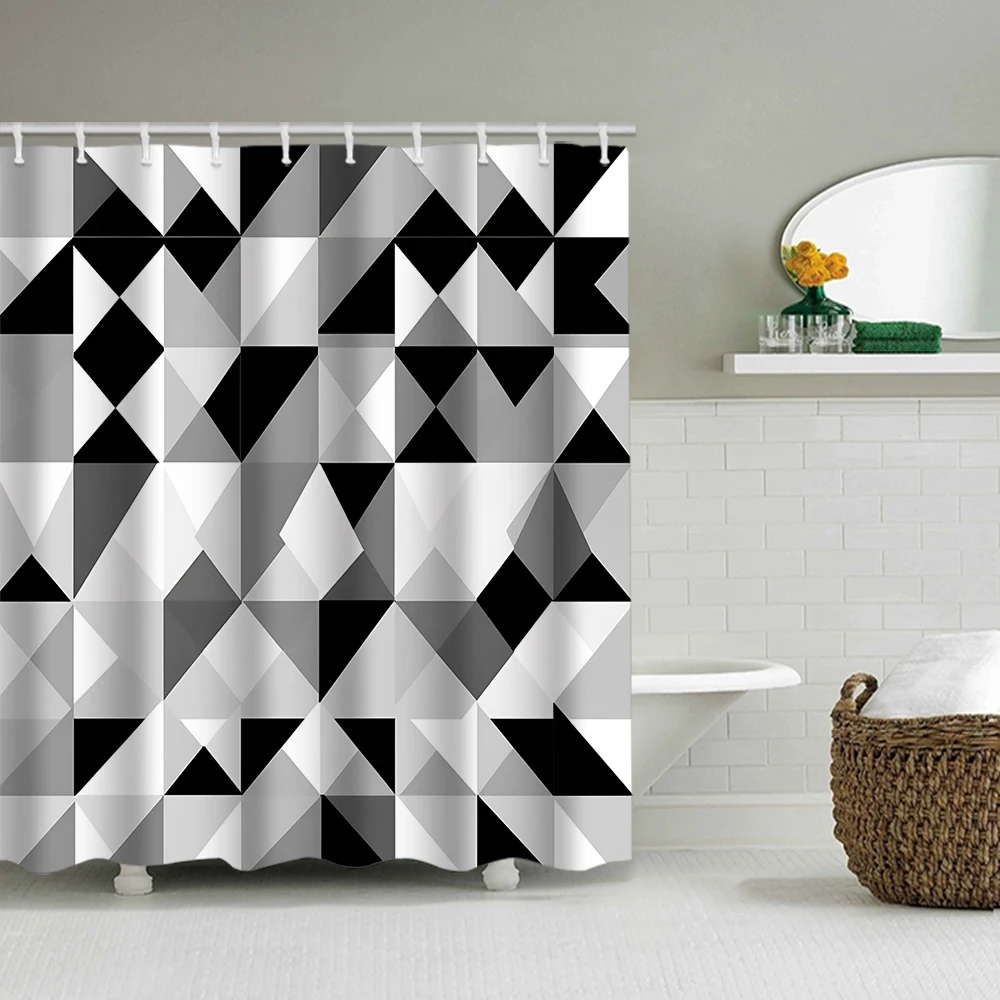 1/4 ستائر دش مطبوعة هندسية باللونين الأبيض والأسود، ديكور مقعد المرحاض، ستارة دش مع سجادة وغطاء للمرحاض، 70.8 × 70.8 #2