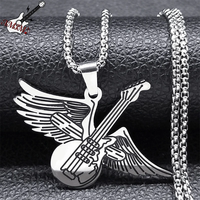 Guitar Angel Wing Necklace for Women/Men Stainless Steel Rock Music Note Dream Chain Necklace Party Gift Jewelry collar N9617S06