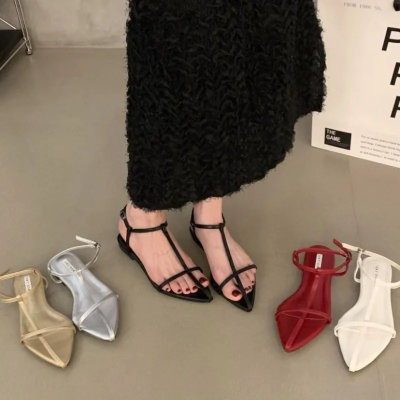 

Women Flats Sandals Designer Pointed Strappy Buckle Sandals Summer New Beach Shoes for Women Casual Roman Shoes Sandalias Mujer