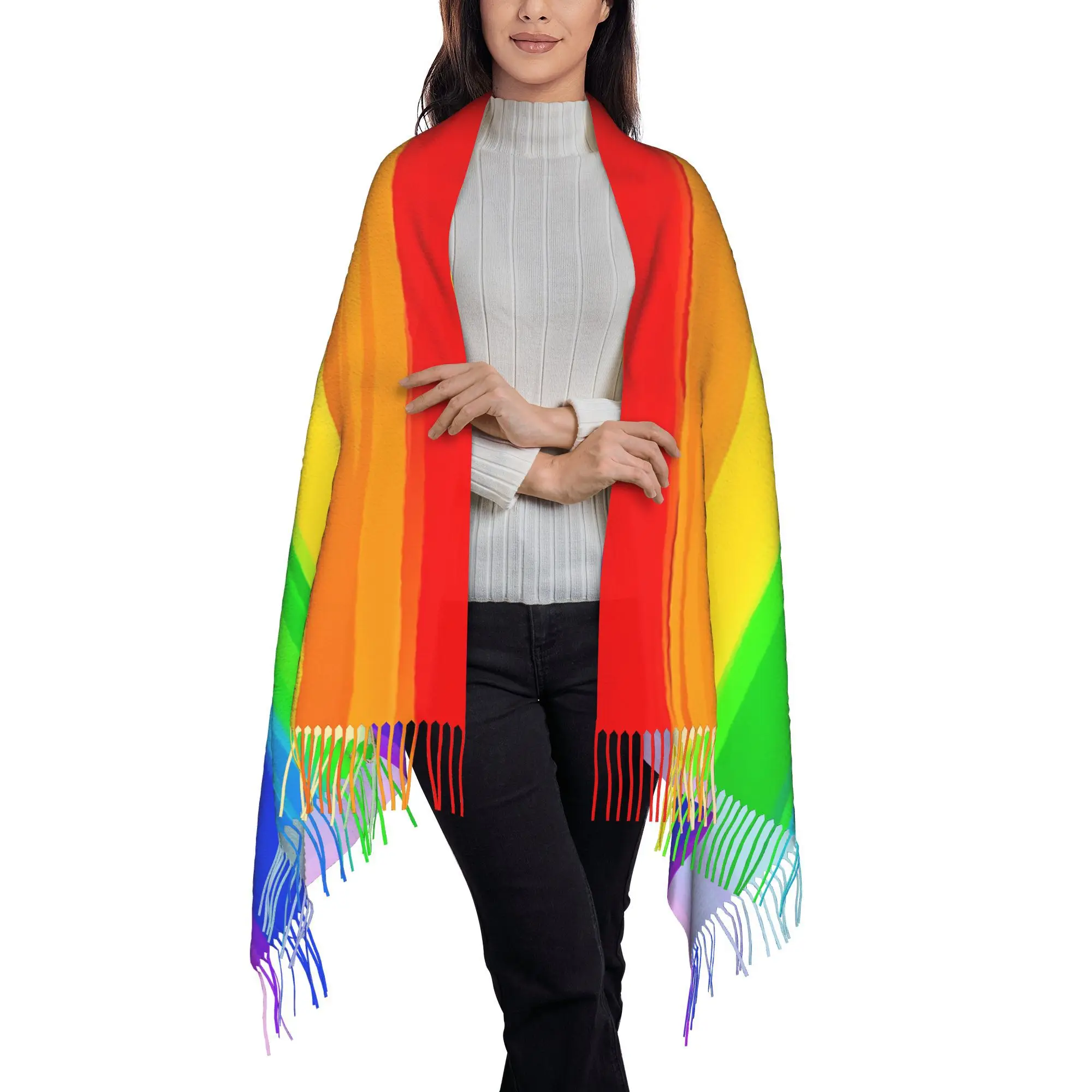

Rainbow Be Proud Trendy Theme Classic Long Tassel Scarf for Autumn and Winter, Stylish Wrap for Outdoor, Office, or Party Wear