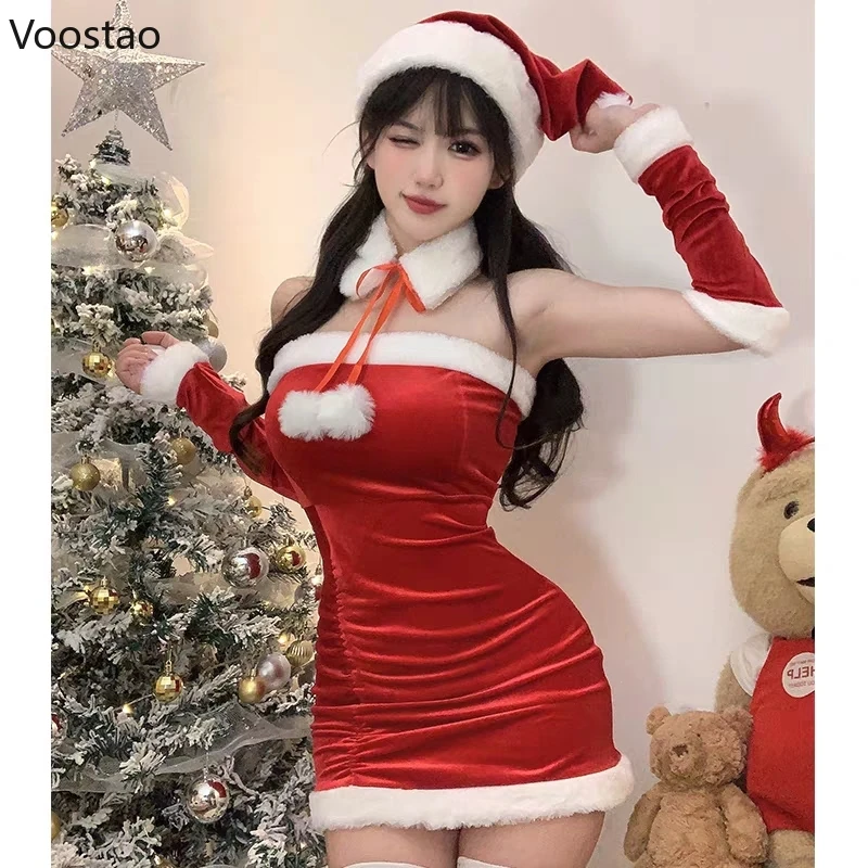 Autumn Winter Christmas Red Dress Women Sexy Plush Patchwork Slim Party Mini Dress Set Female Velvet Super Short Skirt With Hat