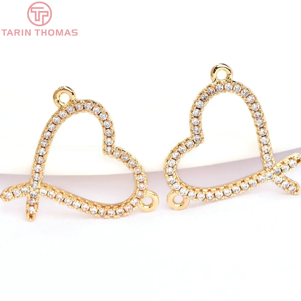 (6302) 4PCS 18x19MM 24K Gold Color Brass with Zircon Heart Charms Pendants High Quality DIY Jewelry Making Findings Wholesale