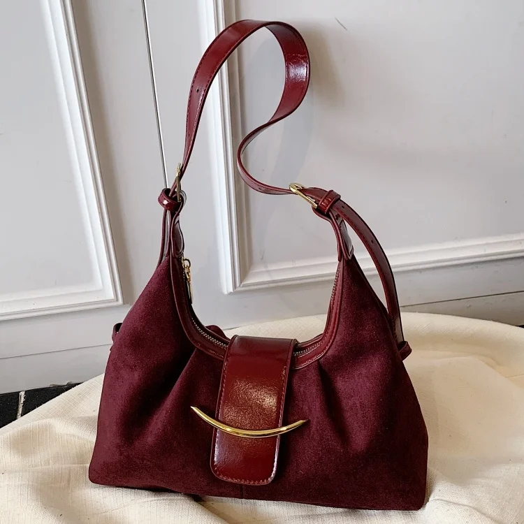 

Faux Suede Women Shoulder Bag Female Armpit bag Designer ladies totes Vintag eburgundy Handbags bolsa feminina