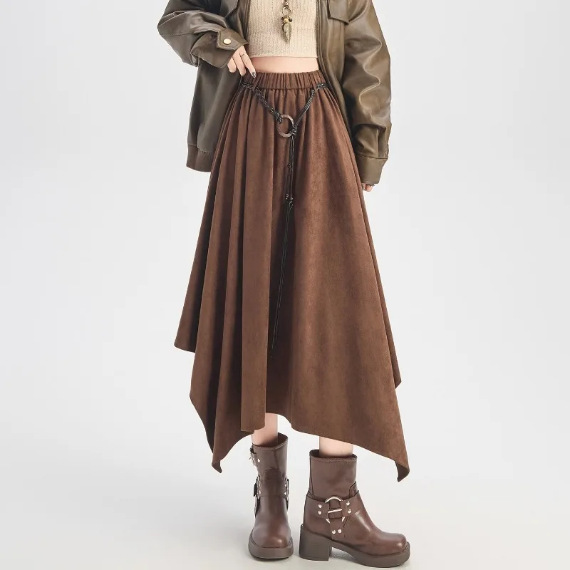 

Irregular Suede Skirt Pleated Female A-Line Chic Skirt High Waist Vintage Asymmetried Autumn Winter Skirt Sashe Harajuku Women