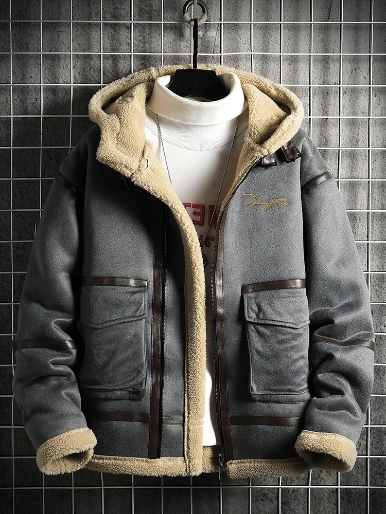 

Men's Suede Jaet Winter Warm Fce Lined Leather Fur Inteated Retro American Work Cotton Coat Long Sve Zipper Closure