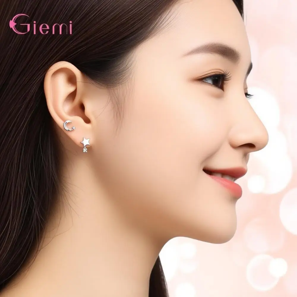 Delicate 925 Sterling Silver Moon Star Crystal Zircon Stud Earrings for Women Girls Anniversary Party Fashion Jewelry Gifts