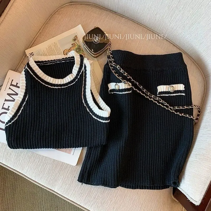 

Spring Summer Temperament Buttons O-neck Sleeveless Pullovers A-line Skirt Suit Femme Sexy Vintage Slim Knitting Two-piece Suit