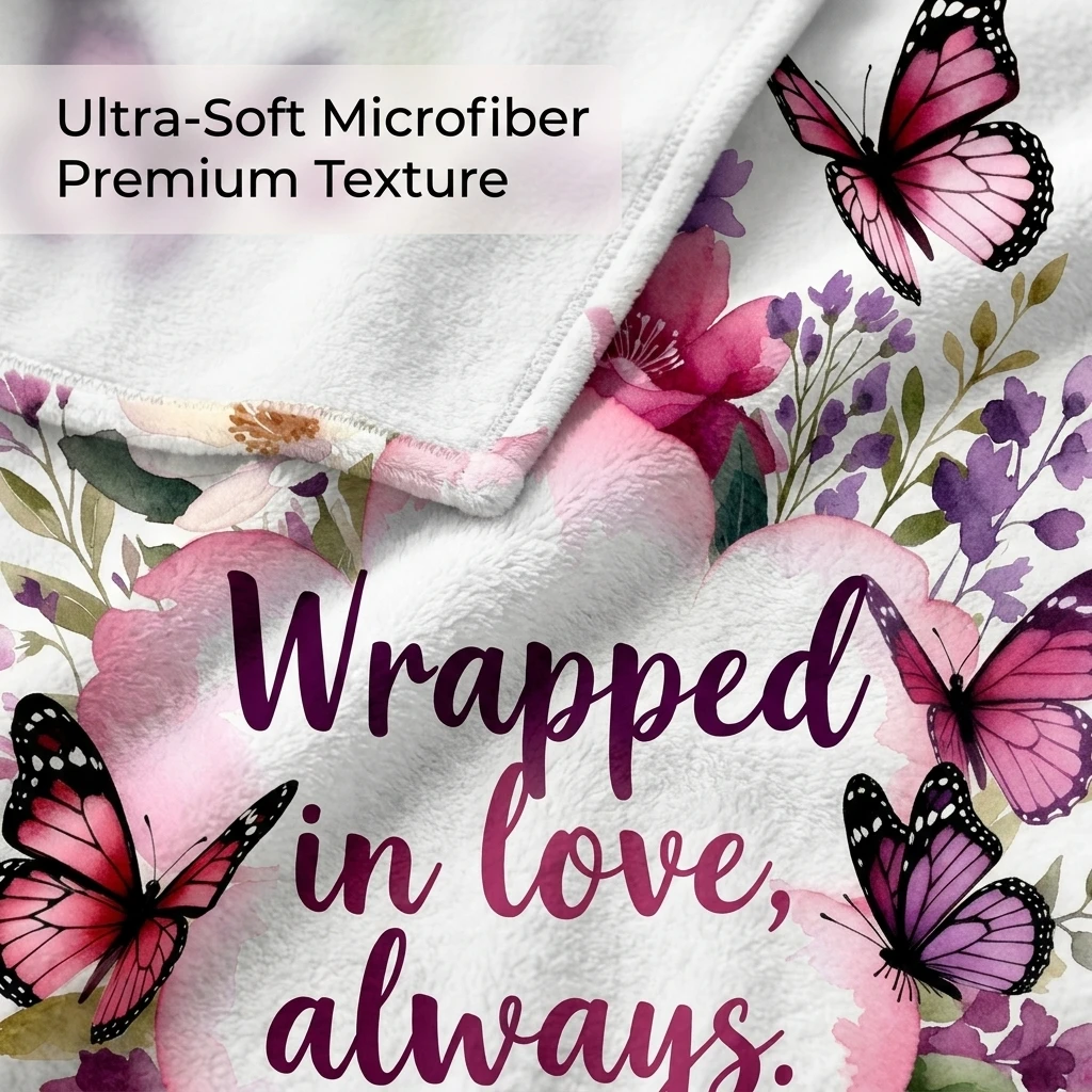 Pink & Purple Watercolor Butterfly & Floral Flannel Throw Blanket, 