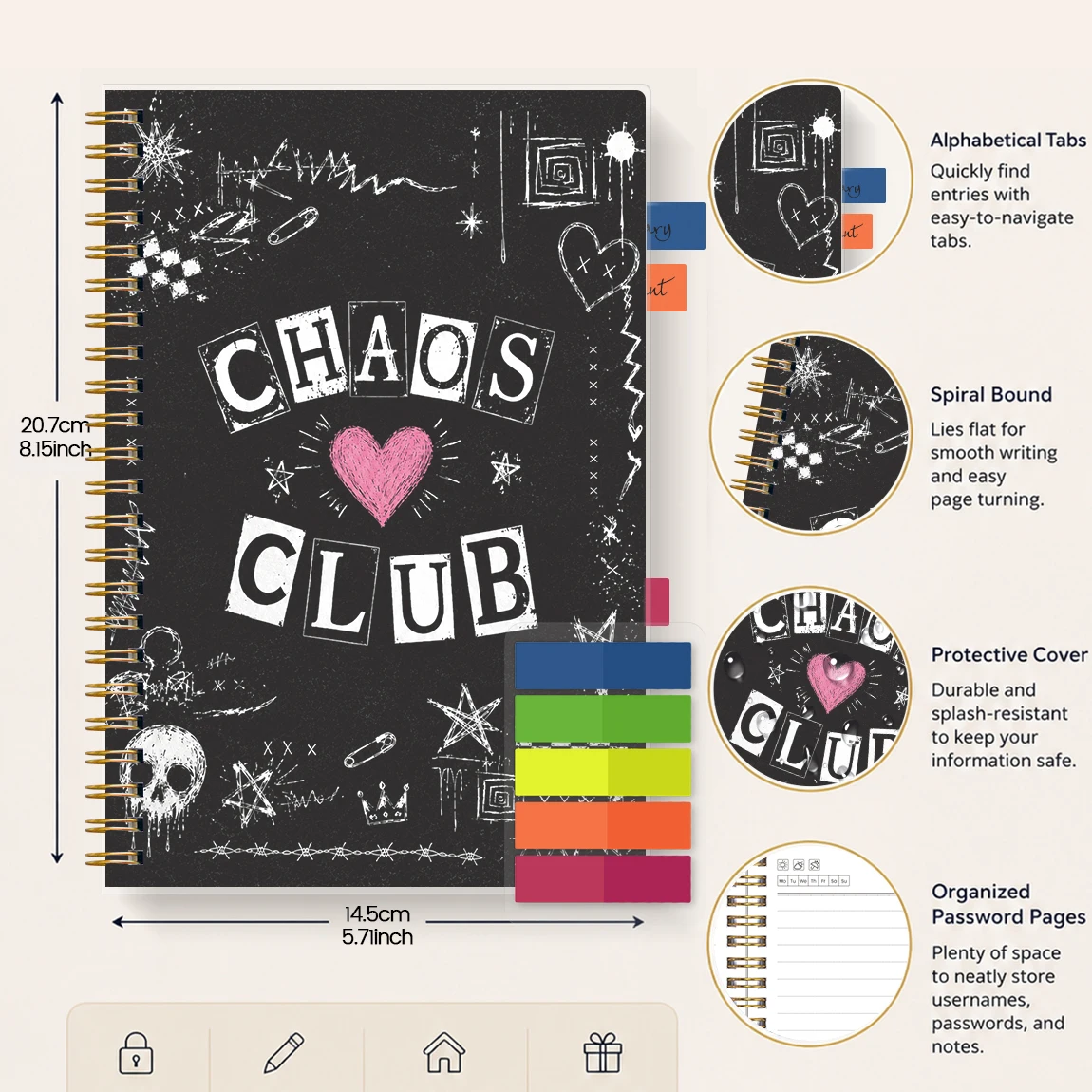 1PC Punk Style Spiral Hardshell Notebook Cover Features Chaos Club Heart Skeleton Pattern for Unique Fashion Stationery