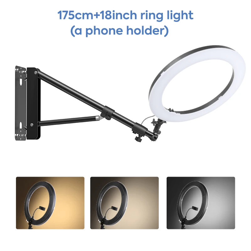18” led-lichtring met wandmontagestandaard, touchscreen verstelbare kleurtemperatuur lampstandaardkit voor YouTube-video-opname