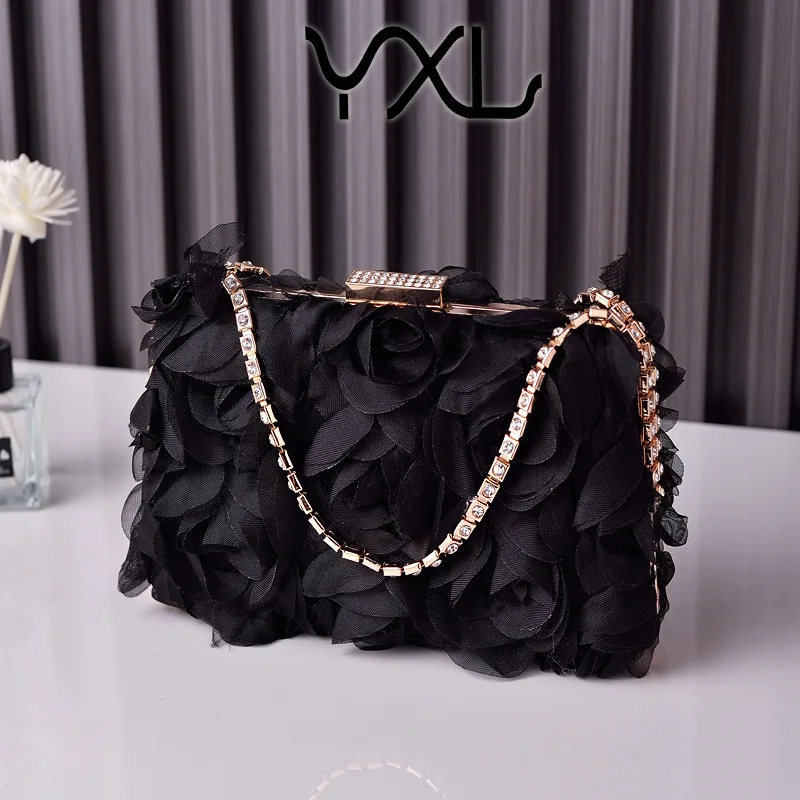 Borsa per la cena con fiori in Chiffon pochette da donna con champagne borsa per abiti fatta a mano borsa per decorazioni con diamanti