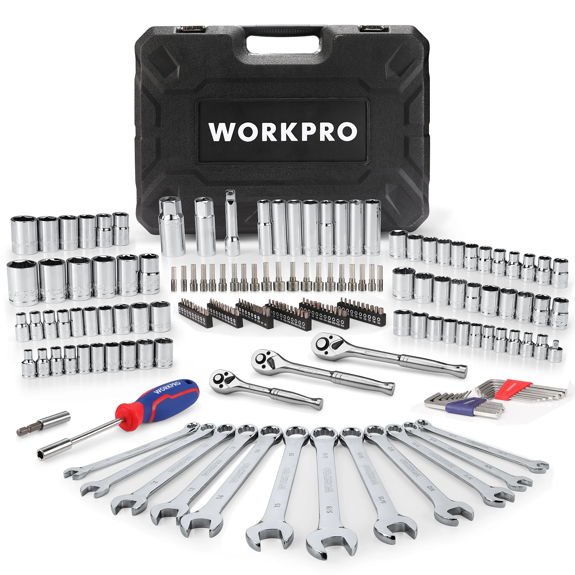 WORKPRO Mechanics Tools Kit and Socket Set 192-Piece SAE&Metric  1/2'', 1/4'', 3/8'' Drive Socket Ratchet Wrench Set