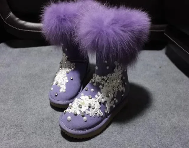 Beauty Violet Suede Fox Fur Top Pearl Rhinestone Mesh Flower Snow Boots Thick Sole Slip On Warm Winter Fur Boots Woman