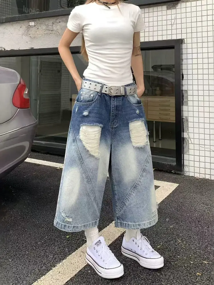 

Retro American Washed Denim Shorts Men's Summer Loose Wide Leg Jeans mid Waist Tear Hole Casual Wear for Teenagers