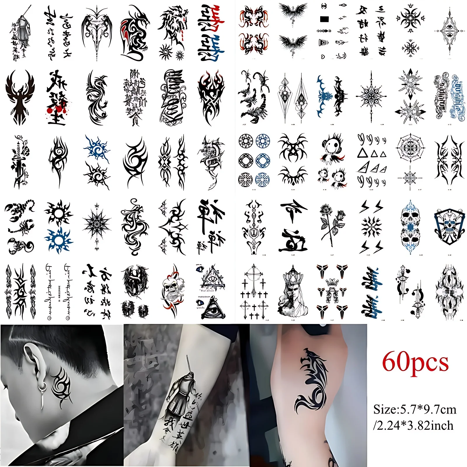 60pcs/pack Transfer Tattoos Sticker for Men Boys Adult Totem Skull Scorpion Eye Angel Spider Web Chinese Letter Tattoos Adhesive