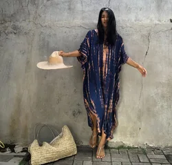 Plus Size Boho Cover Up damski Plus Tie Dye i Geo Print rękaw w kształcie skrzydła nietoperza dekolt z dekoltem w szpic okrycie plażowe sukienka Kaftan Up