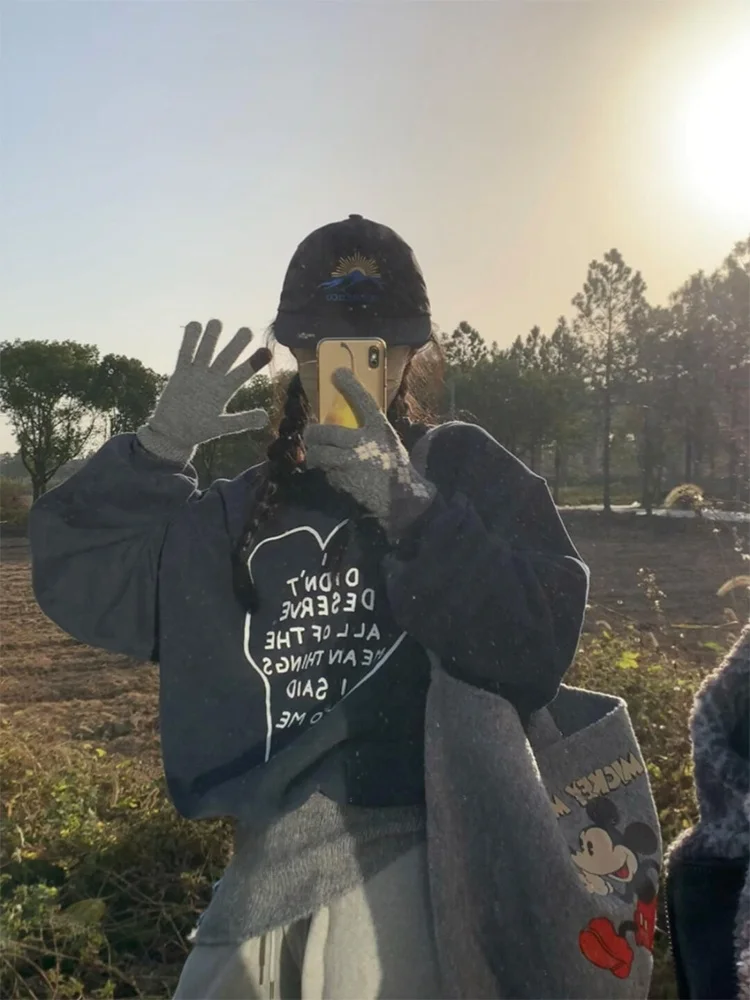 

Корейская женская зимняя утепленная толстовка с капюшоном и длинными рукавами, круглым вырезом, с принтом Love Letter, новинка