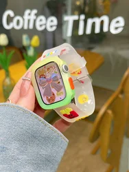 Cartoon Cute Funny Strap+Case For Apple Watch Band Ultra2 49mm 45mm 44 41 Correa Clear Silicone Band For Iwatch Series 9 8 SE 7