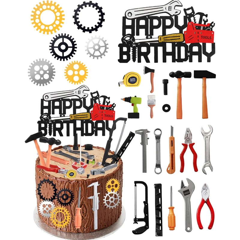 

24pcs Construction Tools Cake Toppers Boys Birthday Party Supplies Wrench Hammer Happy Birthday Cupcake Topper Cake Decor Men