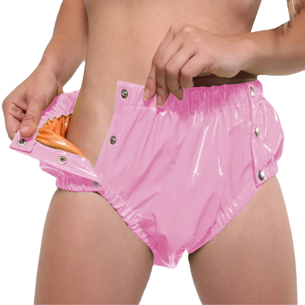 غريبة لامعة بولي كلوريد الفينيل الجلود طبقة مزدوجة الربط سراويل سيسي مثير زر متابعة مرونة الخصر سراويل سيسي تأثيري الوثن انجري