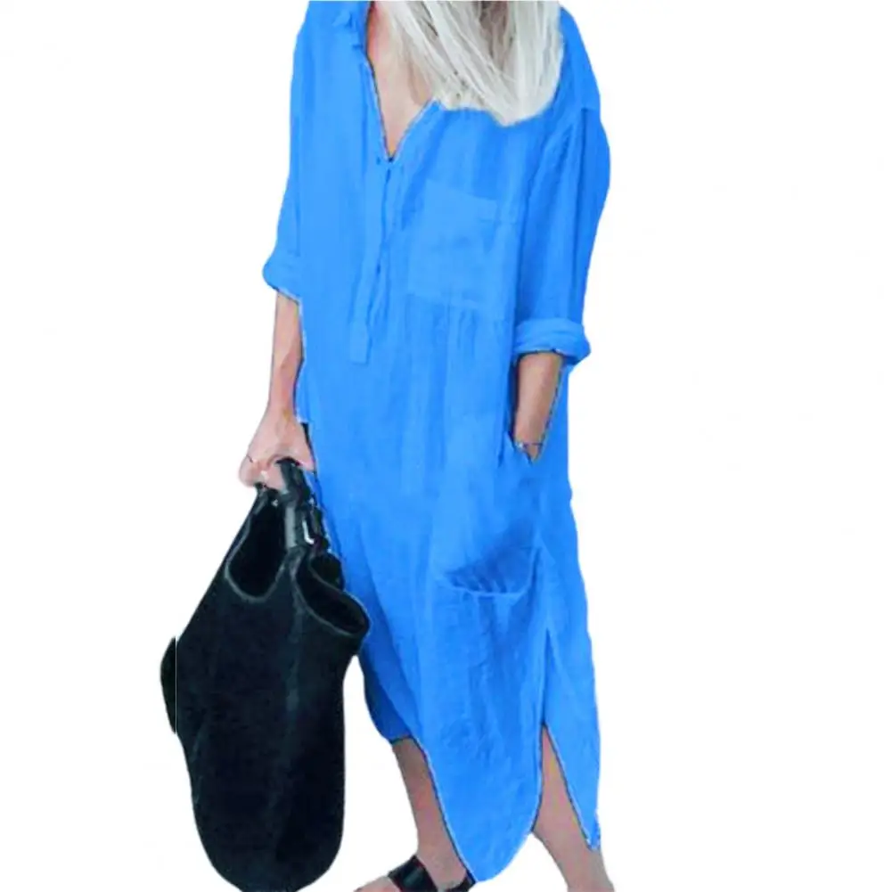 

Spring Summer Shirt Long Dress Women Casual Long Sleeve Side Split Button Dress Female Elegant Solid Color Pocket Loose Dresses