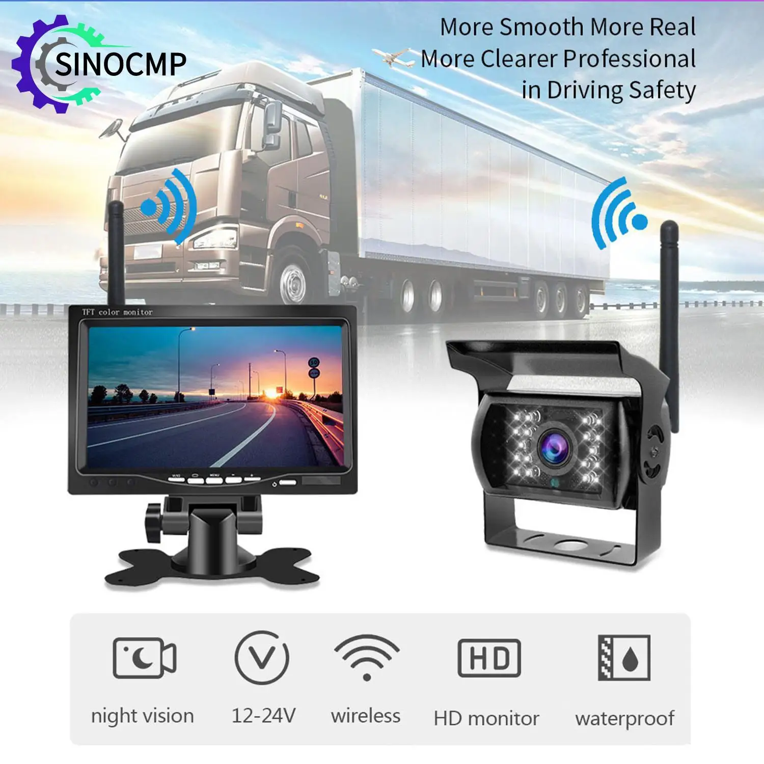 7-inch 2.4G Built-In Wireless Car Monitor 12V-24V Two-Way AV Input Reversing Image For Trucks Bus RV Trailer Excavator