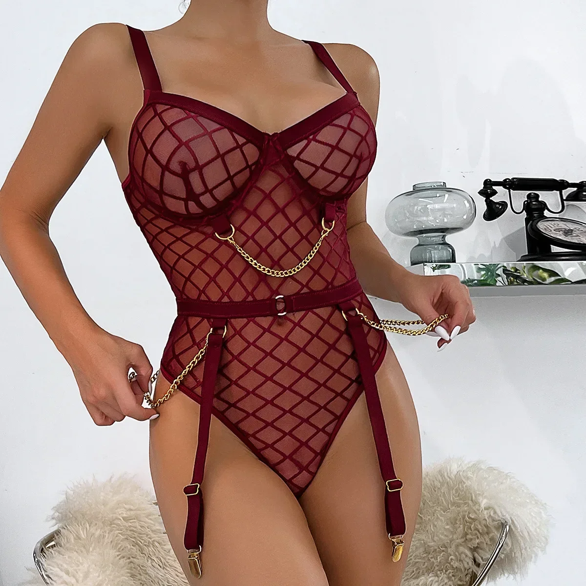 Hot-selling lingerie large grid metal steel ring comfortable gathering slim onesie porno costume sexy body suit fishnet bodysuit