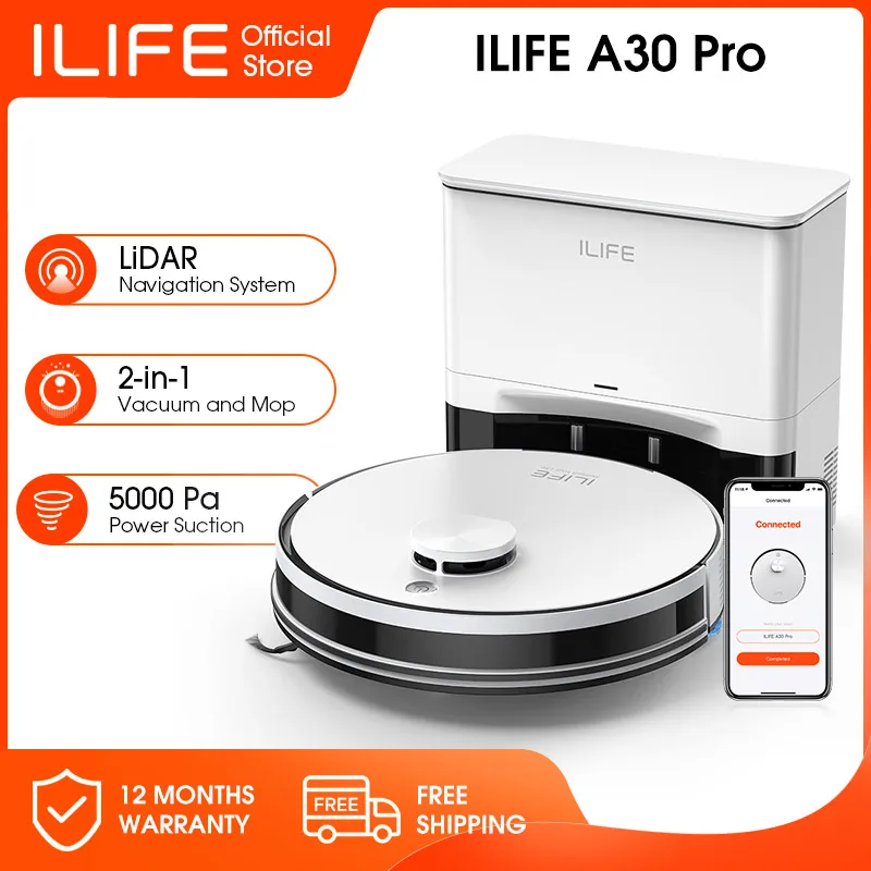 

Робот-пылесос ILIFE A30 PRO, мощность всасывания 5000 Па, функции пылесоса и влажной уборки, функция самоочистки, 60 дней без очистки, управление через приложение/пульт, 180 минут непрерывной работы