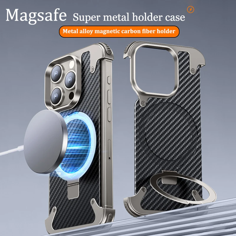 

For iPhone 15 14 Pro Max Case Magnetic Magsafe Phone Holder Metal aluminum alloy Carbon Fibre Anti-Collision protection cover